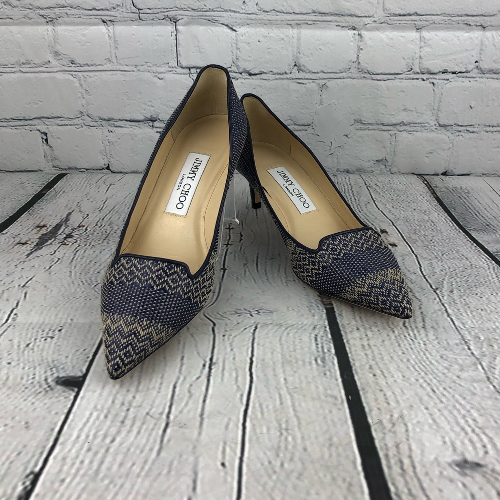 Jimmy Choo, "ALLURE" Kitten Heel 50 Woven Textile And Leather, EU 35.5